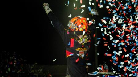 Tanner Thorson captured the victory in a photo finish Sunday in the Indiana Midget Week finale at Kokomo Speedway (Mike Roth Photo) (Video Highlights from FloRacing.com)