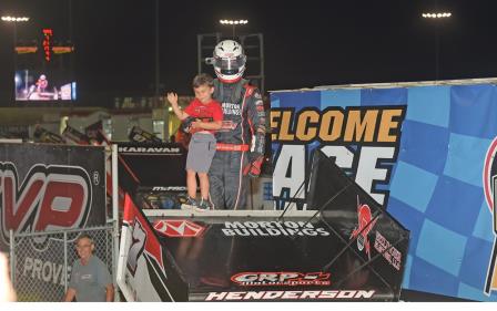 Justin celebrates his Saturday win at Knoxville with son Maximus (Rob Kocak Photo) (Video Highlights from DirtVision.com)