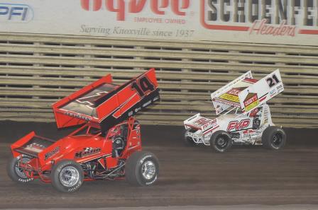 New Knoxville Raceway Hall of Famer Randy Martin races with Brian Brown at Knoxville Friday (Rob Kocak Photo)