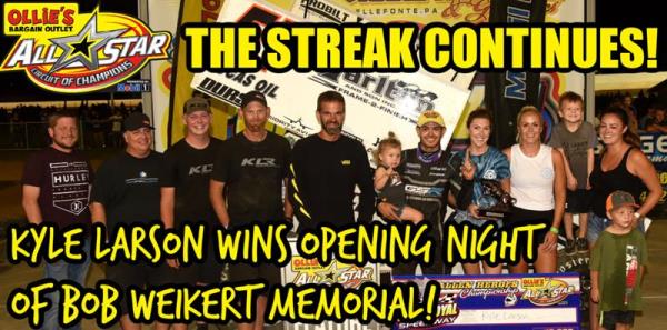 Kyle Larson Continues All Star Winning Streak with Weikert Memorial Opening Night Win at Port Royal Speedway