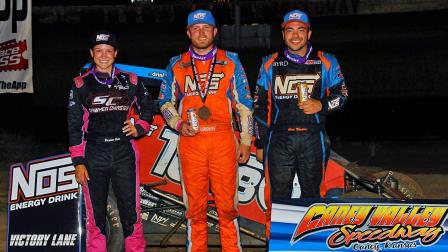 Sunday's top-three at Caney Valley Speedway: winner Tyler Courtney (middle), 2nd place finisher Chris Windom (right) and 3rd place finisher Kaylee Bryson (left) (Lonnie Wheatley Photo) (Video Highlights from FloRacing.com)