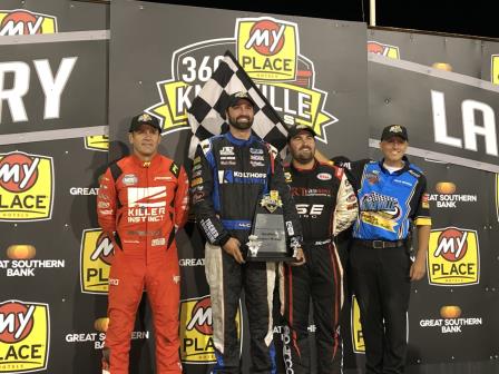 Third place Dominic Scelzi, winner Austin McCarl and second place Kerry Madsen on Night #1 of the Knoxville 360 Nationals Thursday (Video Highlights from DirtVision.com)