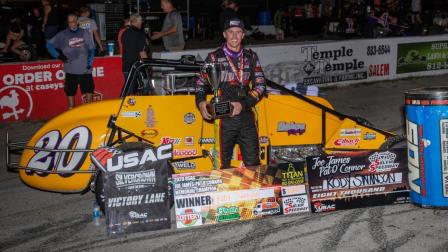 Kody Swanson (Kingsburg, Calif.) won an unprecedented 5th straight Joe James-Pat O'Connor Memorial on Saturday night at Salem (Ind.) Speedway. (Rich Forman Photo) (Video Highlights from FloRacing.com)