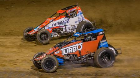 Brady Bacon (outside) and Tyler Courtney (inside) battle for the lead during Saturday night's Fall Nationals at Lawrenceburg (Ind.) Speedway (Dallas Breeze Photo) (Video Highlights from FloRacing.com)