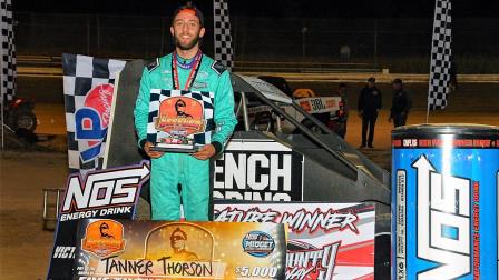 Tanner Thorson (Minden, Nev.) scored Friday's Jason Leffler Memorial USAC NOS Energy Drink National Midget victory at Wayne Co. Speedway in Wayne City, Ill. (Lonnie Wheatley Photo) (Video Highlights from FloRacing.com)