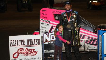 Thomas Meseraull (San Jose, Calif.) won his very first career USAC NOS Energy Drink National Midget points race Saturday night at Tri-State Speedway in Haubstadt, Ind. (DB3 Inc. Photo) (Video Highlights from FloRacing.com)
