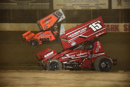 Sam Hafertepe Jr. (15H) and Gio Scelzi (18) battle at Lake Ozark Speedway (Mark Funderburk Photo)