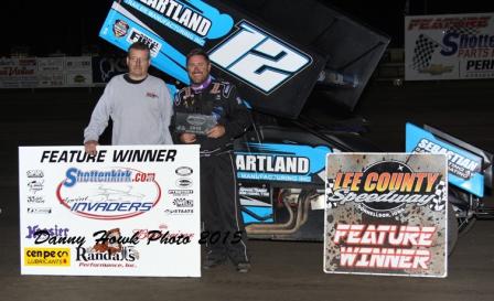Jerrod and crew chief Scott Bonar in Victory Lane at Donnellson (Danny Howk Photo)
