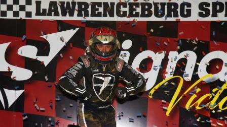 Brady Bacon demonstrates the thrill of victory after scoring the win in Saturday night's USAC AMSOIL National Sprint Car feature at Lawrenceburg (Ind.) Speedway (David Nearpass Photo) (Video Highlights from FloRacing.com)