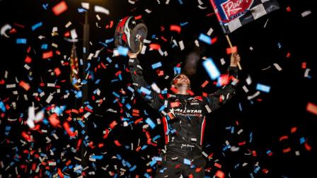 Kyle Cummins gets showered with confetti as he celebrates his victory in the Spring Showdown Saturday night at Tri-State Speedway. (DB3, Inc. Photo) (Video Highlights from FloRacing.com)