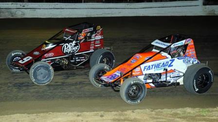 Brady Bacon (#69) in the process of passing Kevin Thomas Jr. (#9K) for the lead en route to victory during Thursday night's Keystone Invasion opener at Grandview Speedway. (Lee Greenawalt Photo) (Video Highlights from FloRacing.com)