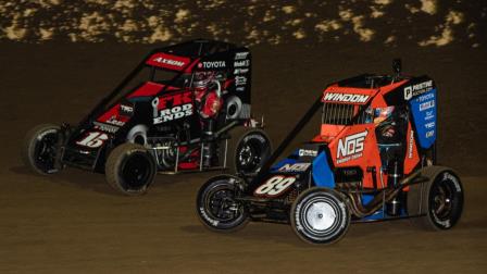 Eventual winner Emerson Axsom (#15) fights for the lead with a challenging Chris Windom (#89) alongside during the early laps of Friday's Kokomo Grand Prix. (Ryan Sellers Photo) (Video Highlights from FloRacing.com)