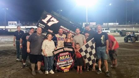 Joey and his team (including crew chief Kale) in Victory Lane during MOWA Illinois Speedweek at Jacksonville (Patrick Davis/MOWA Photo)