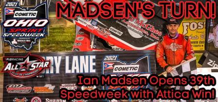 Ian Madsen won the Ohio Speedweek opener at Attica Friday (Sprint Fun/Dan McFarland Photo) (Video Highlights from FloRacing.com)