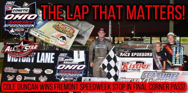 Cole Duncan Gets by Danny Dietrich in Final Corner for Fremont Speedweek Victory