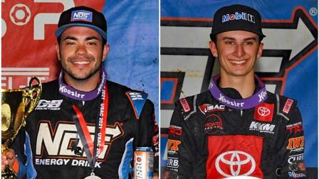 Saturday night's Kokomo USAC NOS Energy Drink National Midget feature winner Chris Windom (left) and 2021 USAC Indiana Midget Week champion Buddy Kofoid (right). (Lonnie Wheatley Photos) (Video Highlights from FloRacing.com)