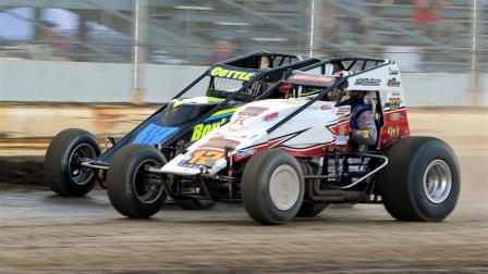 Winner Robert Ballou (#12) goes toe-to-toe with Shane Cottle (#39) Wednesday night during USAC Eastern Storm Round #2 at New Jersey's Bridgeport Motorsports Park. (Lee Greenawalt Photo) (Video Highlights from FloRacing.com)