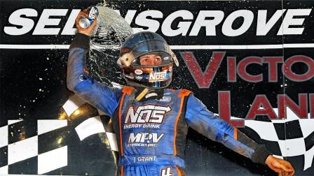 Justin Grant celebrates in style after capturing the victory in Thursday night's USAC AMSOIL National Sprint Car feature at Pennsylvania's Selinsgrove Speedway, round three of USAC Eastern Storm. (Lonnie Wheatley Photo) (Video Highlights from FloRacing.com)