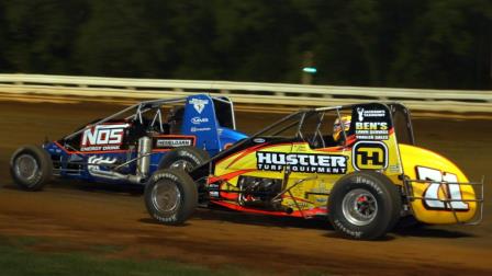 Eventual winner Shane Cockrum (#71) makes a bid for the lead on Justin Grant (#91) during Friday night's Williams Grove 100 USAC Silver Crown feature. (Ty Garl Photo) (Video Highlights from FloRacing.com)