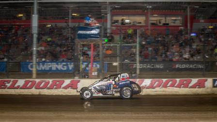Tyler Courtney (Indianapolis, Ind.) crosses under the checkered flag after winning Saturday night's USAC Silver Crown feature at Rossburg, Ohio's Eldora Speedway (Dallas Breeze Photo) (Video Highlights from FloRacing.com)