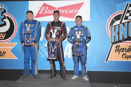 Eric Bridger (Pro), Justin Henderson (410), and Cory Eliason (360) celebrate their wins at Knoxville Raceway Saturday (Ken's Racing Pix) (Video Highlights from DirtVision.com)