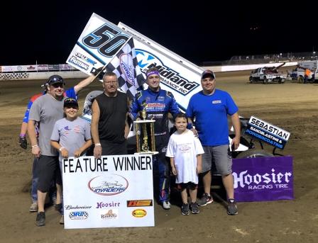 Ayrton Gennetten and the Scott Bonar #50 team celebrate their win at East Moline Speedway Wednesday