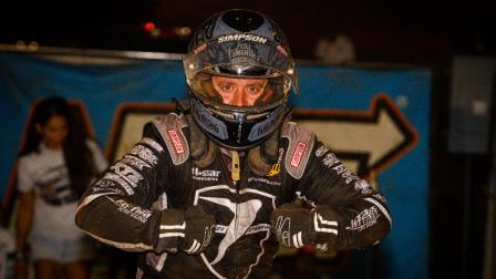 Brady Bacon celebrates his victory in Friday night's USAC NOS Energy Drink Indiana Sprint Week by AMSOIL feature at Bloomington Speedway. (Jack Reitz Photo) (Video Highlights from FloRacing.com)