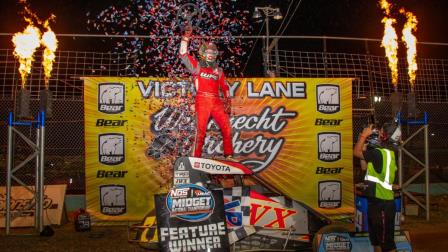 Daison Pursley celebrates his second career USAC NOS Energy Drink National Midget feature win Wednesday night at Kutztown, Pennsylvania's Action Track USA, round #2 of Eastern Midget Week. (Dave Dellinger Photo) (Video Highlights from FloRacing.com)