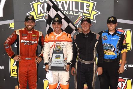Friday's Podium at the 31st Annual My Place Hotels 360 Knoxville Nationals Presented by Great Southern Bank Carson McCarl (2nd), Gio Scelzi (1st), Skylar Prochaska (3rd) (Paul Arch Photo) (Video Highlights from DirtVision.com)