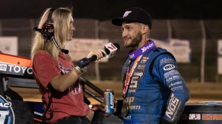 Justin Grant is interviewed by Kristy Bemmes following his first USAC NOS Energy Drink National Midget victory of the season on Saturday night at Lanco's Clyde Martin Memorial Speedway in Newmanstown, Pa. (Dave Dellinger Photo) (Video Highlights from FloRacing.com)