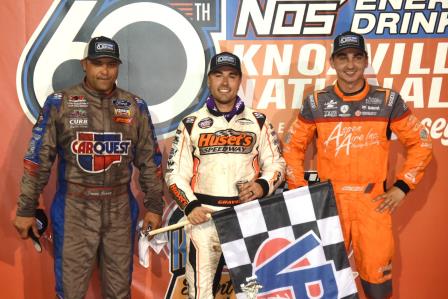 The podium on Wednesday night of the Knoxville Nationals L to R: Donny Schatz (3rd place), David Gravel (winner) and Gio Scelzi (2nd place) (Paul Arch Photo) (Video Highlights from DirtVision.com)