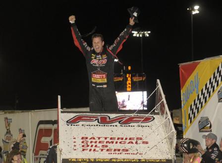 Brian Brown celebrates his prelim win at the Knoxville Nationals (Rob Kocak Photo)