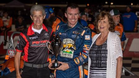Kody Swanson (middle) is presented the Kenny Irwin Jr. Memorial Trophy by Kenny and Reva Irwin following Saturday night's Hoosier Classic Sprint Car victory at Lucas Oil Raceway in Brownsburg, Ind. (Rich Forman Photo) (Video Highlights from FloRacing.com)