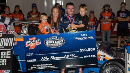 Kody Swanson celebrates the biggest single-day payday of his racing career following Saturday night's Hoosier Classic USAC Silver Crown feature at Lucas Oil Raceway in Brownsburg, Ind. (Rich Forman Photo) (Video Highligths from FloRacing.com)