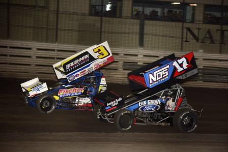 Ayrton Gennetten (3) and Shane Golobic (17w) battle at Knoxville (Mark Funderburk Racing Photo)