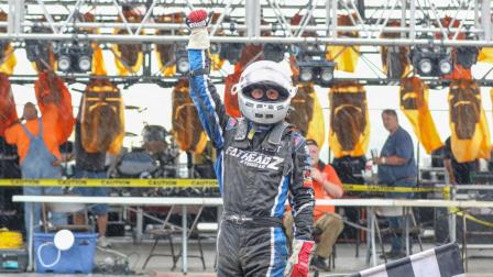 Kody Swanson (Kingsburg, Calif.) celebrates in the rain following Saturday's Mother Nature-shortened USAC Silver Crown Bettenhausen 100 at the Illinois State Fairgrounds. (Brendon Bauman Photo) (Video Highlights from FloRacing.com)