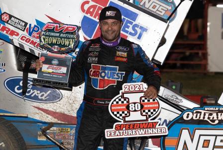 Donny Schatz won the WoO stop at I-80 Speedway Friday (Trent Gower Photo) (Video Highlights from DirtVision.com)