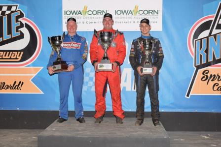 Knoxville track champions Clint Garner (360), Davey Heskin (410), Tyler Groenendyk (Pro) (Ken's Racing Pix) (Video Highlights from DirtVision.com)