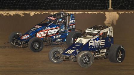 Winner Justin Grant (#4) battles with Tanner Thorson (#19AZ) for the lead during the final laps of Saturday night's Elliott's Custom Trailers & Carts Smackdown X feature at Indiana's Kokomo Speedway. (David Nearpass Photo) (Video Highlights from FloRacing.com)