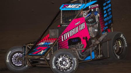 Thomas Meseraull used the restart during a green-white-checkered finish to surge to the lead and capture Friday night's USAC NOS Energy Drink National Midget feature at the inaugural Huset's Speedway USAC Nationals. (DB3, Inc. Photo) (Video Highlights from FloRacing.com)