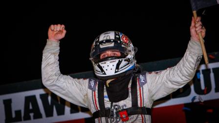 Kevin Thomas Jr. (Cullman, Ala.) celebrates becoming the first three-time winner of the Fall Nationals on Saturday at Indiana's Lawrenceburg Speedway. (Jack Reitz Photo) (Video Highlights from FloRacing.com)