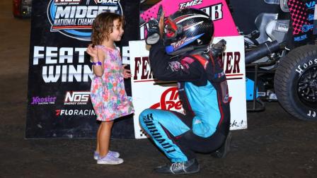Thomas Meseraull celebrates with high-fives for his daughter following Saturday night's Harvest Cup USAC NOS Energy Drink Midget National Championship victory at Haubstadt, Indiana's Tri-State Speedway. (Josh James Artwork Photo) (Video Highlights from FloRacing.com)