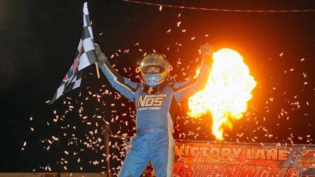 Chris Windom (Canton, Ill.) was all fired up after winning Saturday night's Western World Championships USAC NOS Energy Drink Midget National Championship feature at Arizona Speedway. (Lonnie Wheatley Photo) (Video Highlights from FloRacing.com)