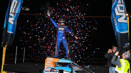 Justin Grant (Ione, Calif.) celebrates his opening night USAC NOS Energy Drink National Midget victory on Friday at Bubba Raceway Park in Ocala, Fla. (Al Steinberg) (Video Highlights from FloRacing.com)