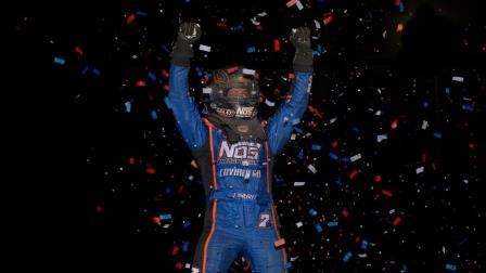 For the second time in as many nights, Justin Grant raced into victory lane at Ocala, Florida’s Bubba Raceway Park, sweeping to victory during both nights of the USAC NOS Energy Drink National Midget opening weekend. (Rich Forman Photo) (Video Highlights from FloRacing.com)