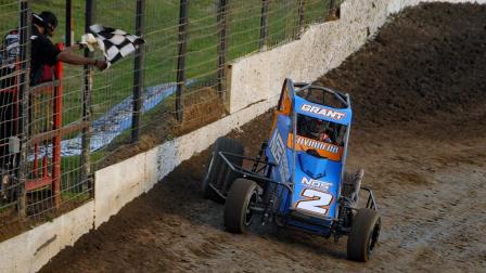 Justin Grant (Ione, Calif.) became the first driver to win three consecutive USAC NOS Energy Drink Midget National Championship features to start a season after scoring Friday night's Werco Manufacturing T-Town Midget Showdown Presented by Priority Aviation opener at Tulsa, Oklahoma's Port City Raceway. (Lonnie Wheatley Photo)
