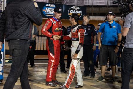 Spencer Bayston won a good one at Bristol Saturday and is congratulated by Kyle Larson (Trent Gower Photo) (Video Highlights from DirtVision.com)