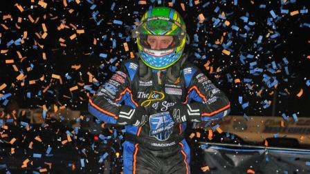 Brady Bacon sprinted to the front from his fifth starting position by lap four and produced a K.C. Masterpiece of a drive with a drubbing of the field during Thursday night’s USAC AMSOIL Sprint Car National Championship event at Lakeside Speedway. (Lonnie Wheatley Photo) (Video Highlights from FloRacing.com)