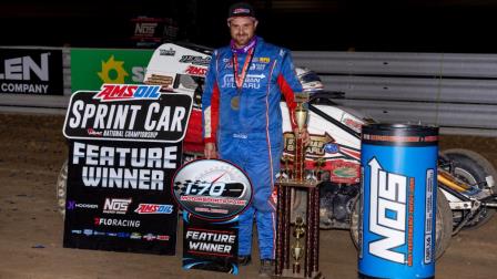 After running second to Brady Bacon in each of the past two USAC AMSOIL Sprint Car National Championship events, Robert Ballou (Rocklin, Calif.) turned the tables to reach victory lane for the first time in 11 months on Saturday night at Odessa, Missouri’s I-70 Speedway. (Rich Forman Photo) (Video Highlights from FloRacing.com)