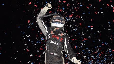 Jacob Denney (Galloway, Ohio) celebrates his first career USAC NOS Energy Drink Midget National Championship feature victory on Thursday night at Lincoln Park Speedway, round four of USAC Indiana Midget Week. (David Nearpass Photo) (Video Highlights from FloRacing.com)